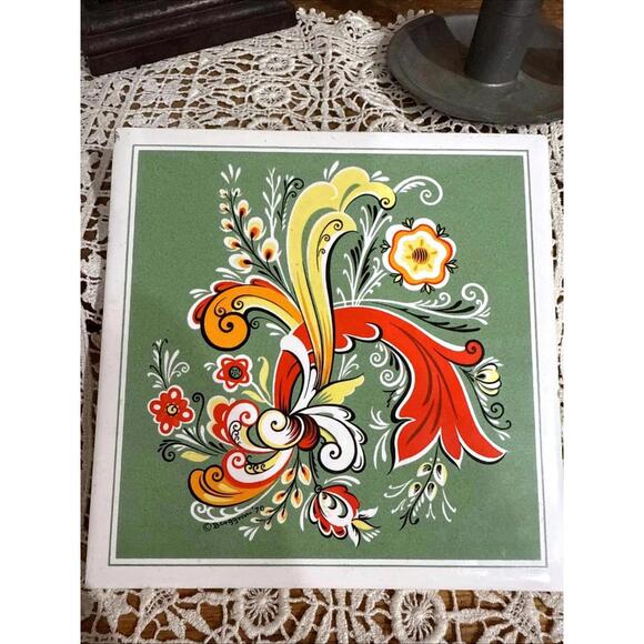 Other - VTG 1970 Ceramic Tile Trivet Folk art Berggren Original 6” MCM Retro Mod Signed